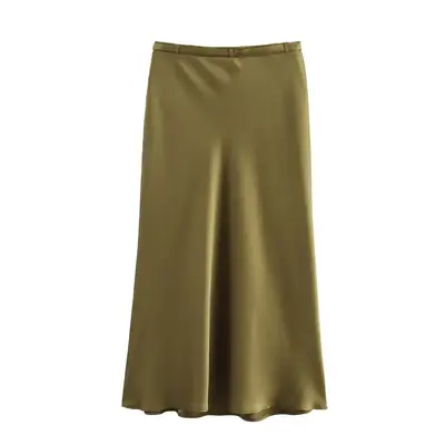 Women's Olive Gold Silk Satin Belt Skirt