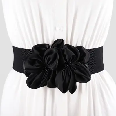 Black Flower Bow Elastic Waist Belt for Women