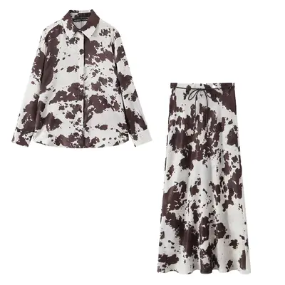 Women's Brown White Cow Print Jacket with Belt Silk Texture