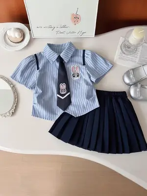 Girls 2-Piece Summer Suit Blue Striped Skirt Set