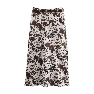 Cow Print Belted Silk Satin Mid-Length Skirt
