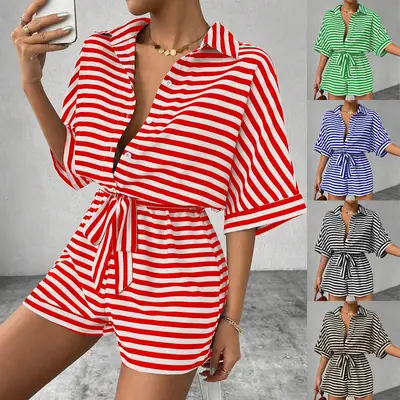 Women Striped Lapel Cardigan Belt Shorts Suit Red White