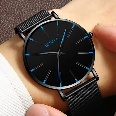 Men's Black Mesh Band Quartz Watch with Red Dial