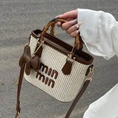 Women's Straw Bamboo Contrast Shoulder Bag with Bow