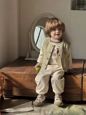 Boys Outfit 2026 Autumn Baby Cardigan Vest Three-Piece Set