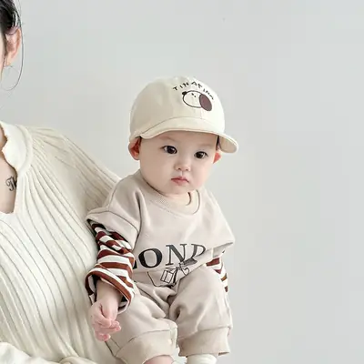 Baby Cap Set White Striped Long Sleeve Outfit