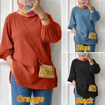 Women Muslim Top Loose Round Neck Lantern Sleeve Black