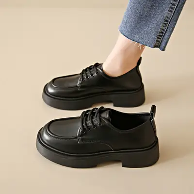 Women's Black Lace-up Leather Shoes 2025 Spring Autumn