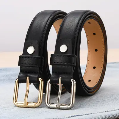 Women's Black Leather Belt with Gold Buckle