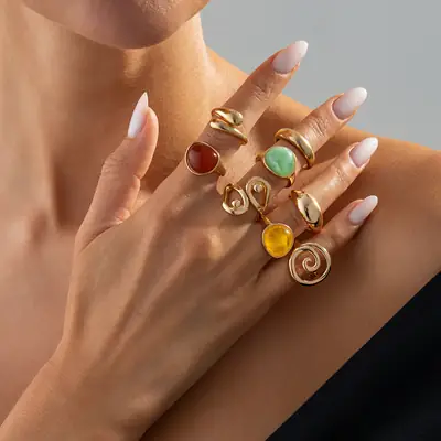 European and American Cross-Border Minimalist Style Irregular Adjustable Ring Set with Unique Metallic Texture Rings for Women
