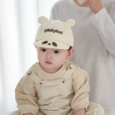 Baby Hat with Bear Ears and "Lucky Baby" Embroidery