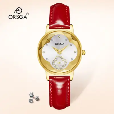 ORSGA Women's Rose Gold Diamond Watch White Leather Band