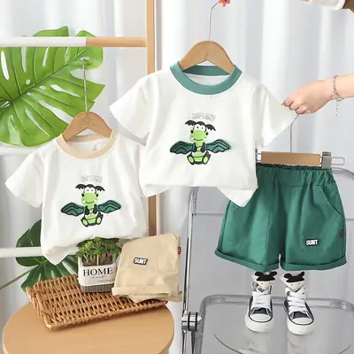 Children Cotton T-Shirt Shorts Set Green White Baby Summer