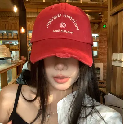 Red Korean Rose Letter Baseball Cap for Women