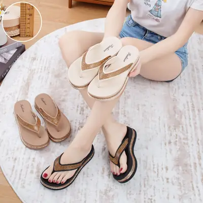 Women's Sparkly Diamond Belt Flip Flops Thick Sole Beach Slippers