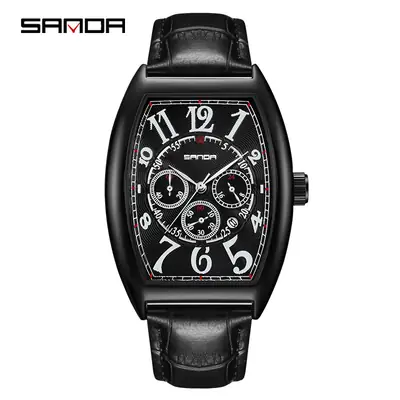 Sanda Men's Black Leather Watch with 6-Hand Display
