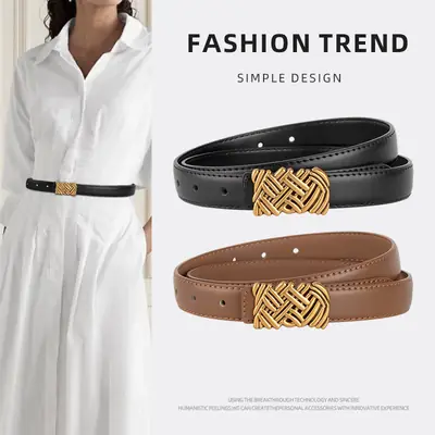 Light Brown Embossed Buckle Leather Belt for Women