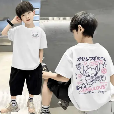 Cotton Boys T-shirt Shorts Set Black Graphic Summer Wear