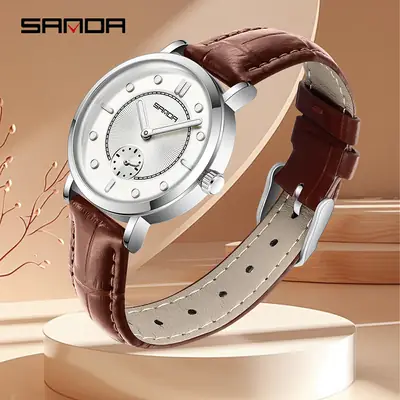Sanda Women's Brown Leather Quartz Watch with Luminous Dial