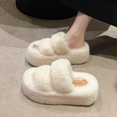 2025 Spring and Autumn New Style Puff Platform Thick Bottom Height Increased Plush Fluffy Cotton Slippers Women's Outwear Home Fluffy Shoes