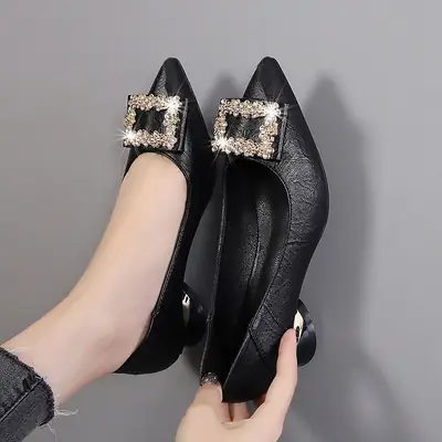 Black Square Buckle Rhinestone Heels for Women