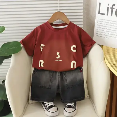 Kids Printed Letter T-Shirt Shorts Set Red Black Summer