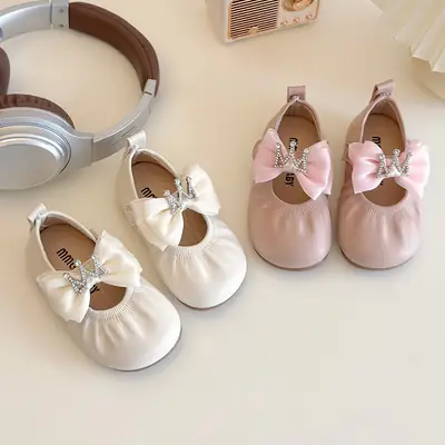 Girl's Bow Princess Shoes 2025 Korean Style Girl's Crown Rhinestone Leather Shoes Baby's Baby Shoes Cross-border Cute