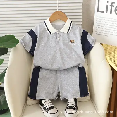 Yijia Kids Polo Shirt Shorts Set Gray Blue Summer