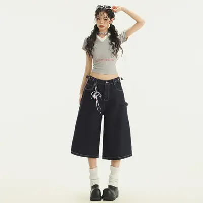 Young Orange# American Style Retro Dark Blue Wide Leg Cropped Jeans Women's Loose Slimming Personalized Trendy All-match Straight Pants