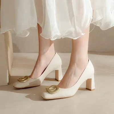 Women Square Toe Chunky Heel Shoes White Gold
