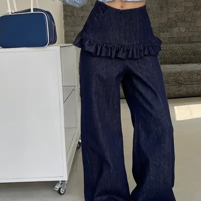 South Korea Women Dark Blue Lace Skirt Set