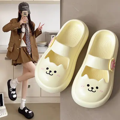 Cat Face Slip-on Sandals Women Summer White Brown Yellow