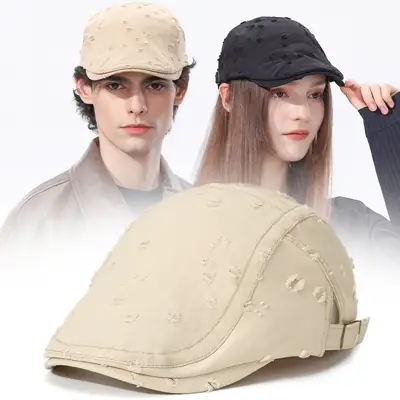 Black Sketching Beret Cap with Hole Forward Design