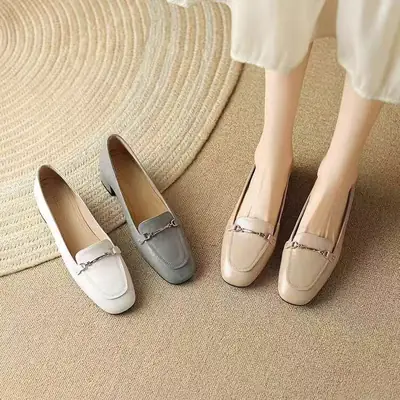 Women British Style Soft Leather Loafers White Square Toe