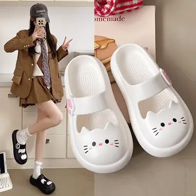 Women White Cat Paw Sandals with Pink Paw Print