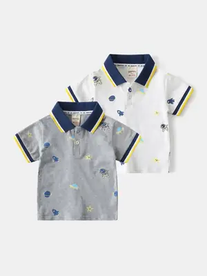 Children's Grey Printed Polo T-Shirt Short Sleeve Summer Boys
