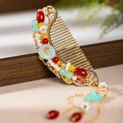 New Chinese Style Antique Hair Comb with Red Gemstones