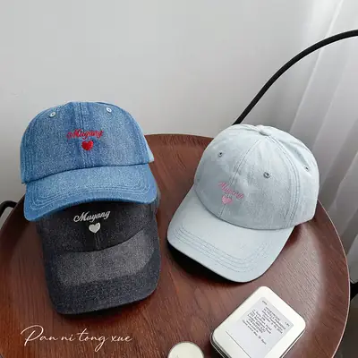 Women Blue Denim Baseball Cap with Embroidered Love Design