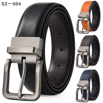 Men's Leather Belt Yellow Double Sided Rotating Pin Buckle