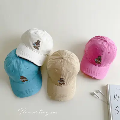 Embroidered Bear Cap for Kids in Pink Blue Beige