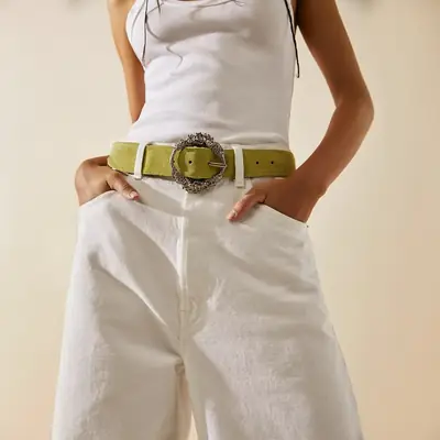 Women's G-Style Floral Buckle Belt tan faux leather