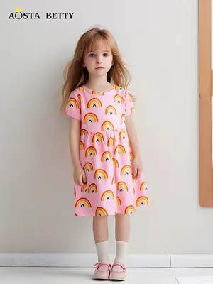 Pink Rainbow Print Girls Dress Summer Short Sleeve