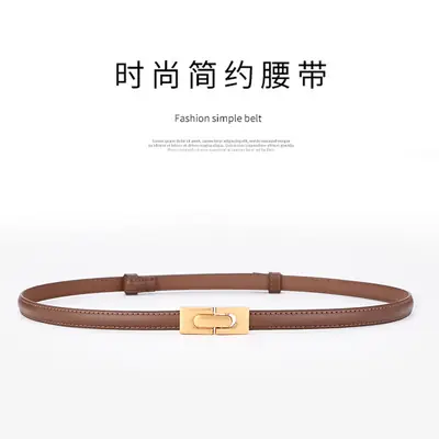 Women's Genuine Leather Thin Belt with Gold Buckle