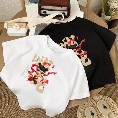 100 Cotton Cartoon T-shirt for Boys Girls White Short Sleeve