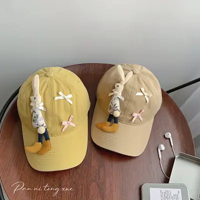 Children's Cartoon Rabbit Cap Blue Beige Bow Cap