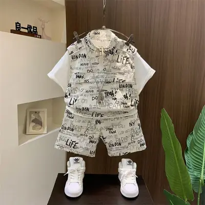 Boys' New Korean Style 2-Piece Summer Suit White Printed