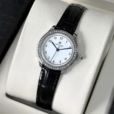 Small Round Rhinestone Ladies Watch Black Leather Strap