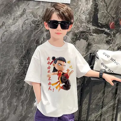 New Nezha T-Shirt Boys Summer Ins Cotton Black