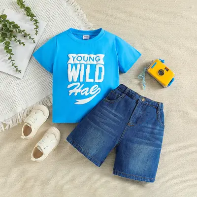 Blue T-Shirt + Denim Shorts for Boys Summer Casual Set