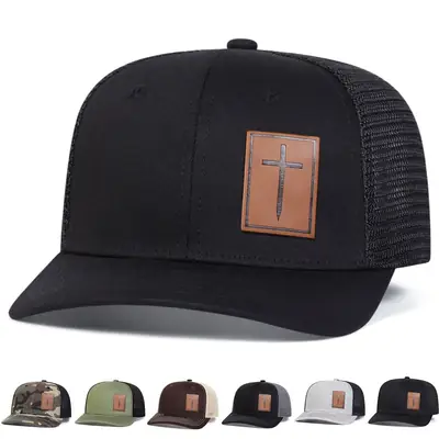 Men Black Cross Embroidered Cap with Leather Patch
